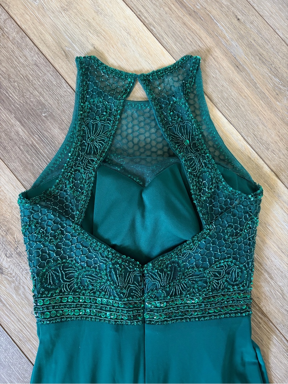 Sherri Hill Teal Beaded Halter Prom Gown with Side Slit - Picture 9 of 15